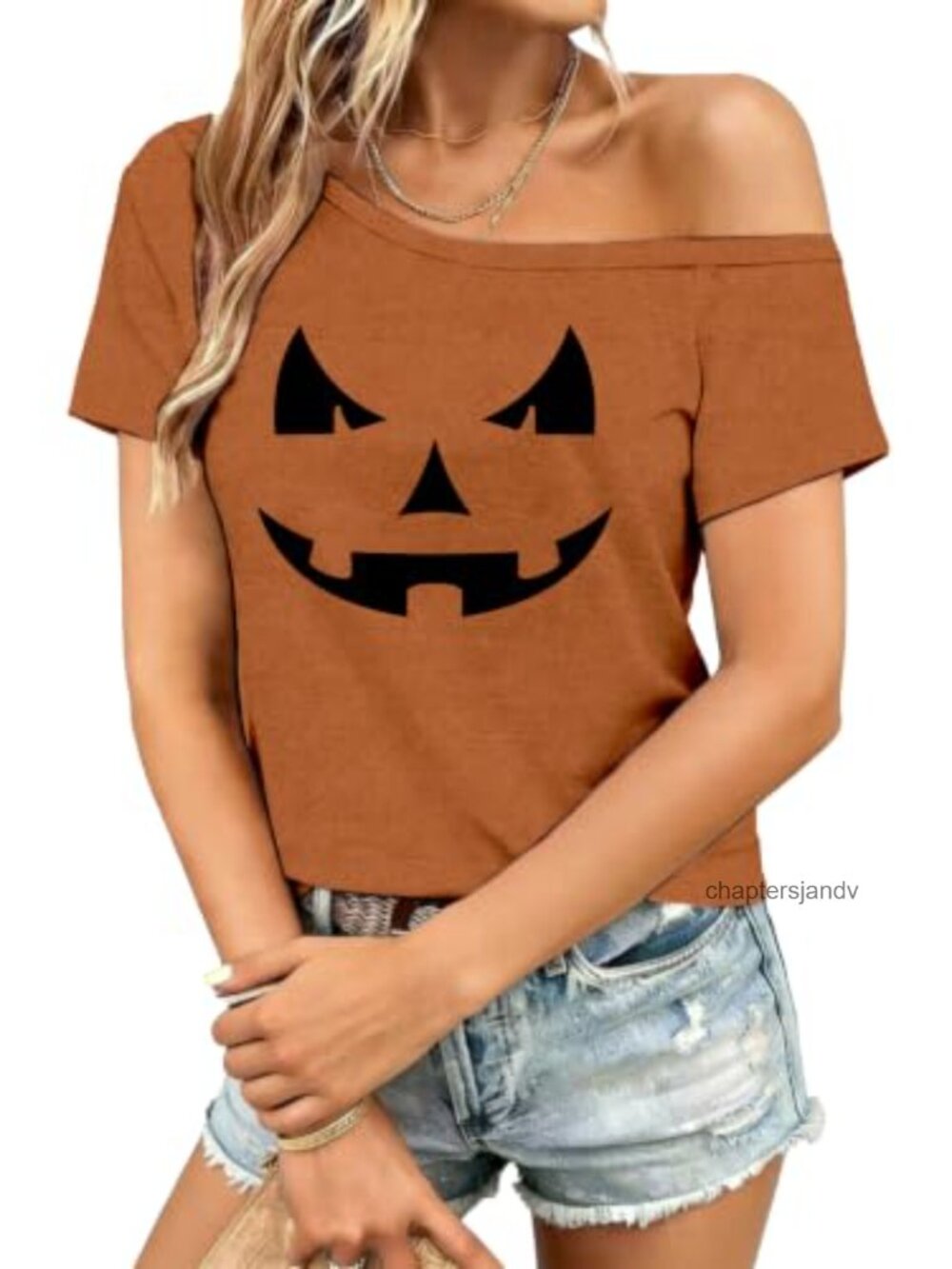 Women's Halloween Off Shoulder Jack O Lantern Graphic Crop Tee